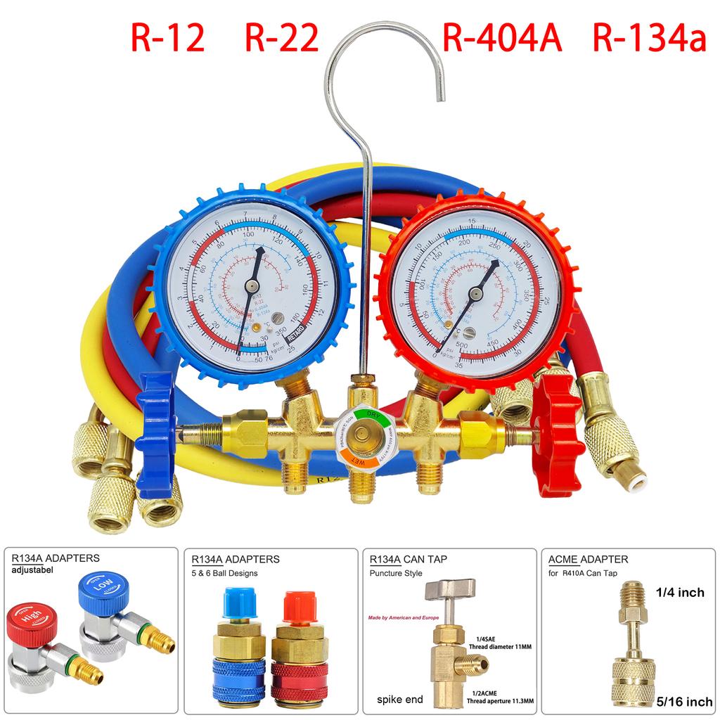 R134a Air Conditioning Pressure Gauge with Hose and Hook 3 Way AC Diagnostic Manifold Gauge Set Freon For R12 R22 R404A R134a