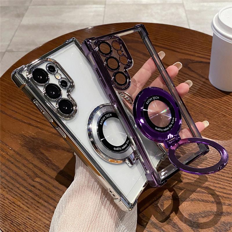For Samsung S25 S24 S23 Ultra Luxury Holder Stand Plating Frame Transparent Phone Case For Samsung Galaxy S22 Plus A16 A53 Cover