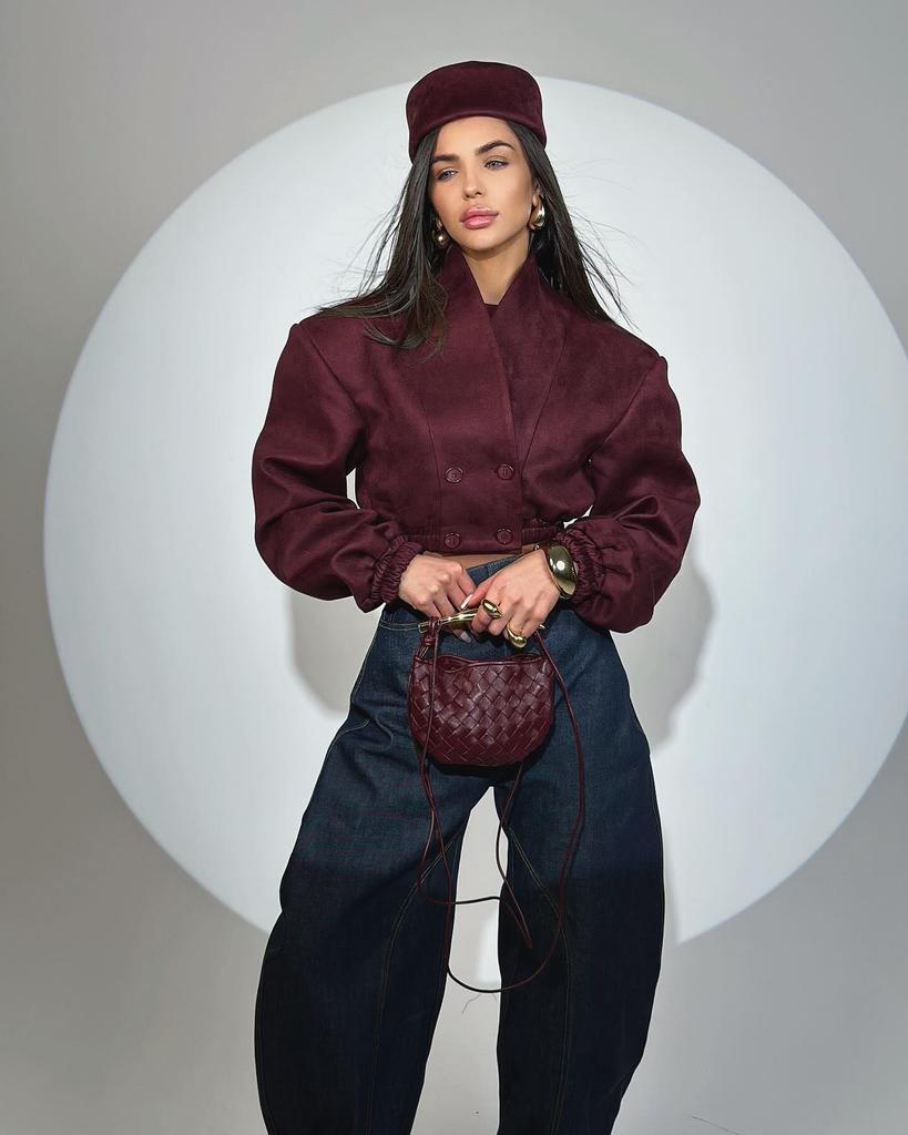 Burgundy Slimming V-Neck Double-Breasted Jacket - 2025 Spring Women's Fashion