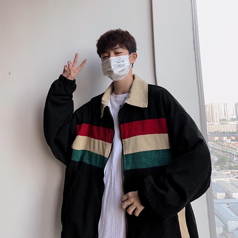 Men's Trendy Korean-Style Corduroy Baseball Jacket - Spring & Autumn, Loose Fit, Contrasting Colors, Casual Hong Kong Style.