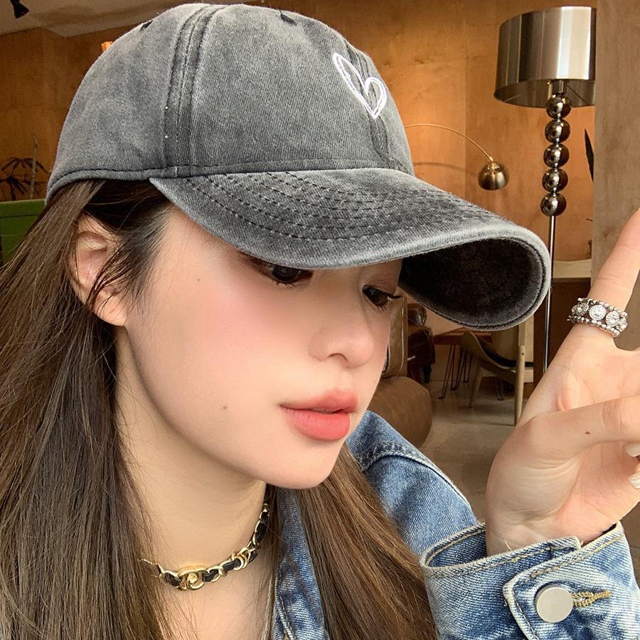 Washed Baseball Cap Women Dad Hat Vintage Embroidery Love Heart Sweet Soft Top Adjustable Sunshade Casual Sun Hat Outdoor Caps