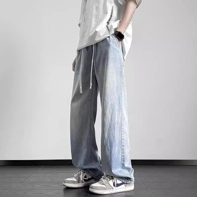 Ice Silk Jeans Men's Summer Loose Straight Trousers New Student Drape Wide-leg Casual Trousers Gray