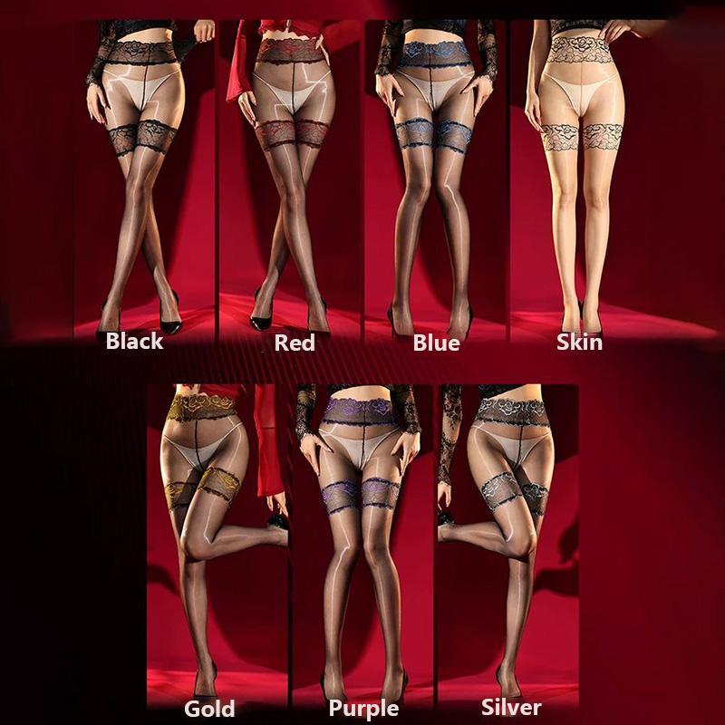 Women 3D Oil Shiny Silky Transparent Pole Dance Clubwear Fake Thigh High Stockings Camellia Lace Waist One Line Crotch Pantyhose