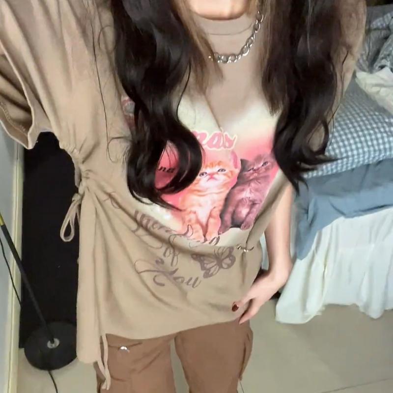 

Женская винтажная футболка с коротким рукавом больших размеров с коротким рукавом и принтом, свободный топ с нишевым дизайном и ремешками 4XL кофейный