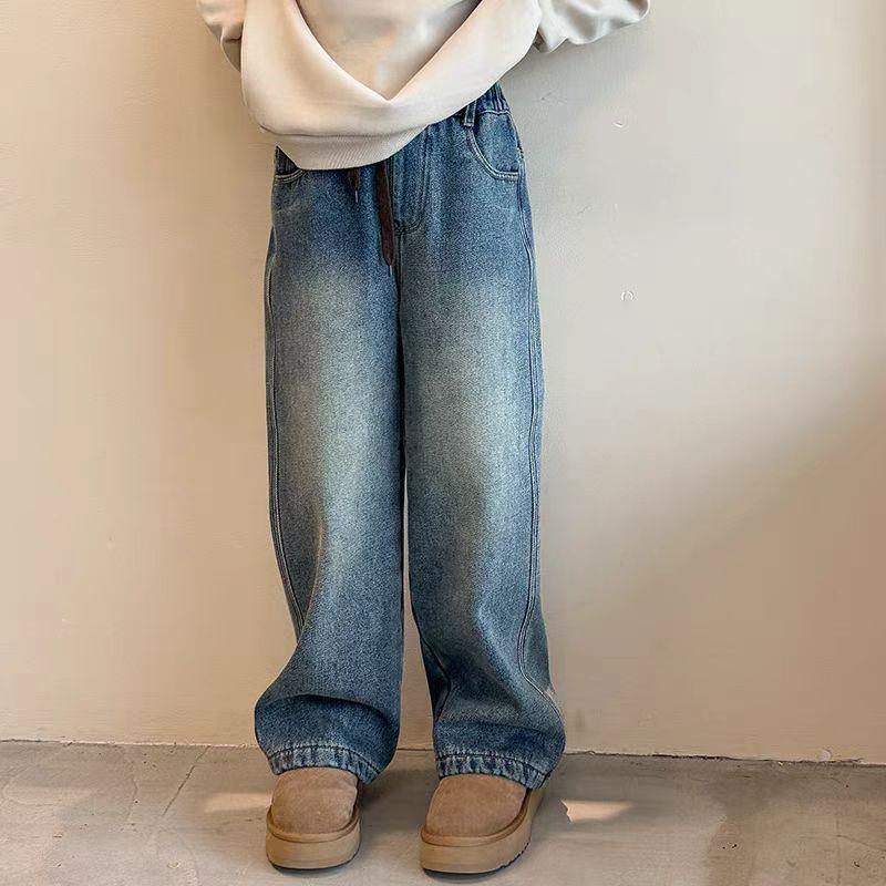 

Girls Fleece-Lined Loose Straight-Leg Jeans: 2025 Winter Casual Pants for Big Kids 120 for height 110-120cm