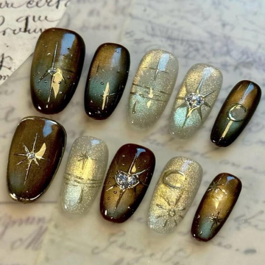 24PCS Simple Green Cat Eye French Press on False Nails with Golden Star Patterns Almond Fake Nails for Women High-quality Nails