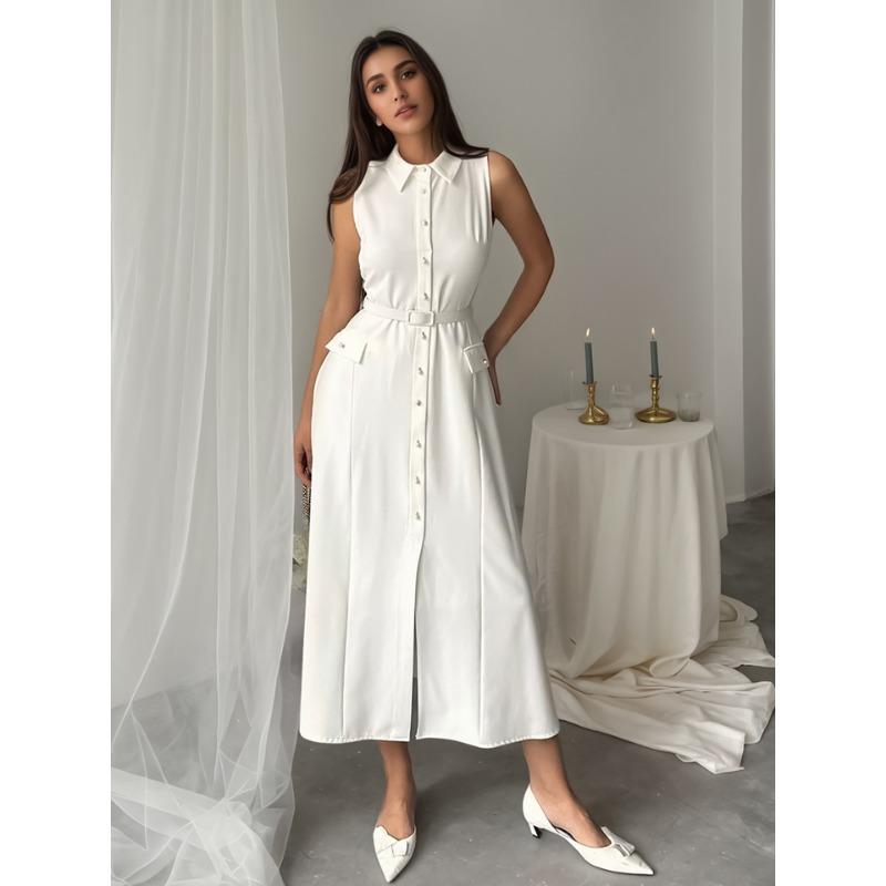 Women's Sleeveless Waistband Pearl Button Slimming Slit Work Dress