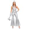 Women Tin Costume Halloween Jumpsuit Sequin Front Zipper Lapel V Neck Sleeveless Bell-bottom with Hat Axe Gloves Heart Clock Brooch for Themed Party