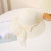 Fashion Summer Pastoral Style Straw Hat Pearl Lace Ribbonwide Brim Sun Hat Spring Summer Elegant Uv  Protection Cap Female