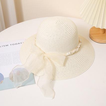Fashion Summer Pastoral Style Straw Hat Pearl Lace Ribbonwide Brim Sun Hat Spring Summer Elegant Uv Protection Cap Female