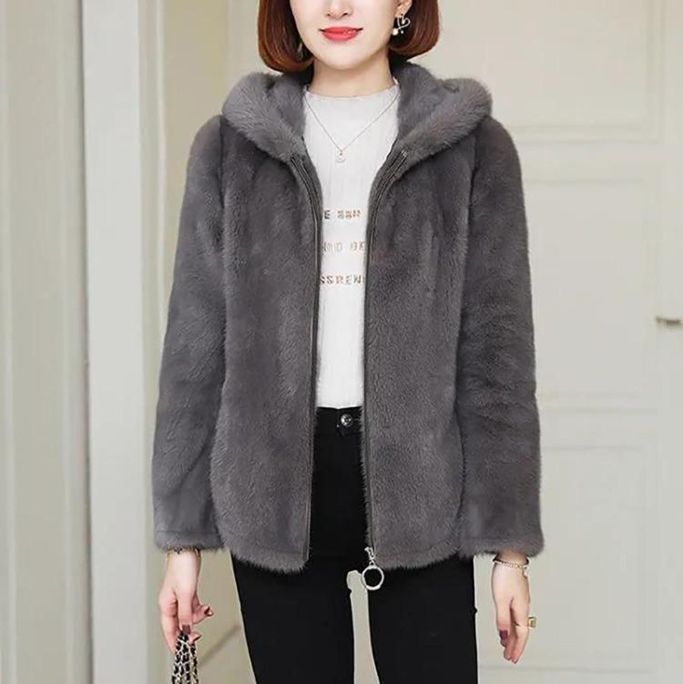 Warm Lamb Wool Jacket Women Loose Hooded Sweater Solid Color Double Sided Coral Velvet Zippered