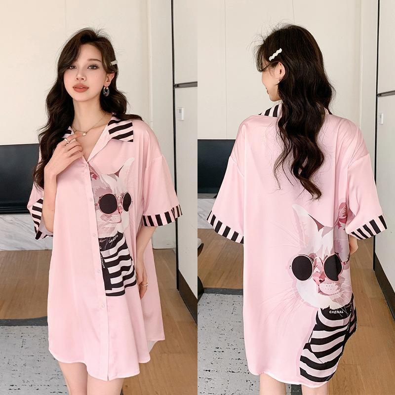 Ropa de Dormir Cómoda de Verano para Mujer Botones Delanteros Seda de Hielo Ropa para el Hogar Suelta Casual Estampada para Descansar