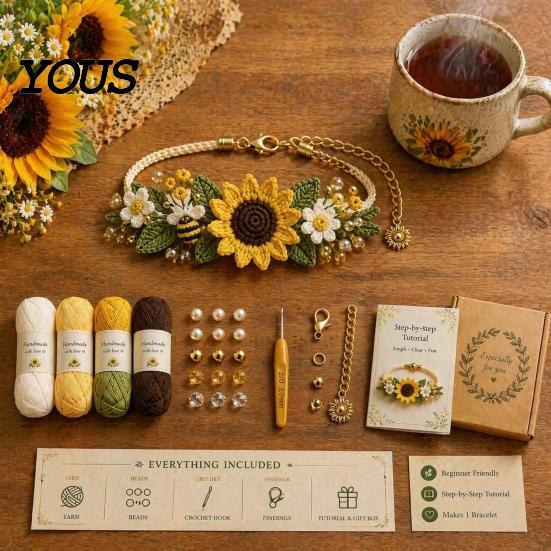 Handmade Accessory DIY Kit Crochet Bracelet Kit, Flower Craft Set with Beads, Yarn And Beads Floral Making for Beginners, Gift Beginners