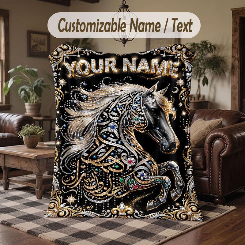 Horse Theme Throw Blanket Custom Name Text Personalized Blanket Soft Cozy Blanket for Home Sofa Bed