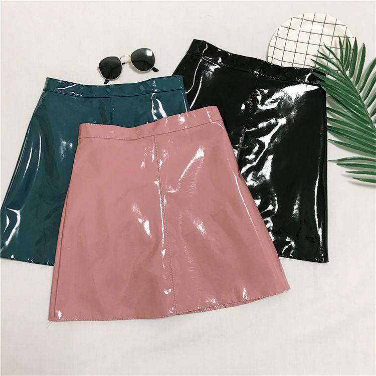 Women's Sexy Leather Skirt Glossy PU Leather Short Solid Zipper Mini Skirt Mid Waist A-line Pencil Skirts