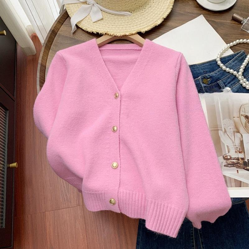 Lazy Style Comfortable Fit Knitted Cardigan Womens V-neck Soft Waxy Sweater Jacket Autumn and Winter Latest Top