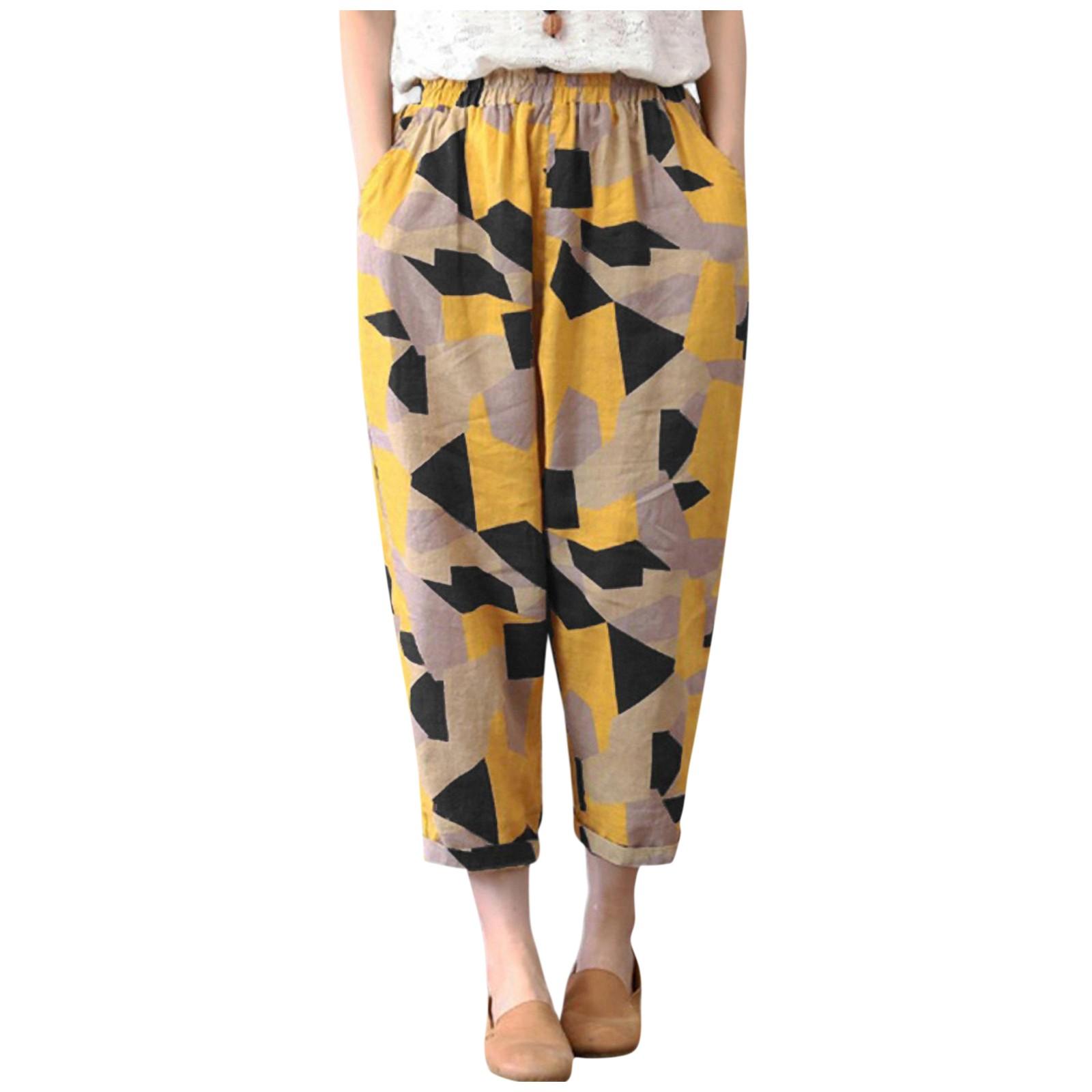 

Women S Casual Wide Leg Cropped Pants With Pockets, Retro Fashion Cotton And Linen Women S Clothing M жёлтый