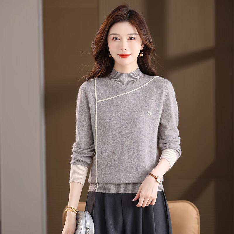 Fengmao Women's Color-Block Semi-High Collar Pullover Sweater