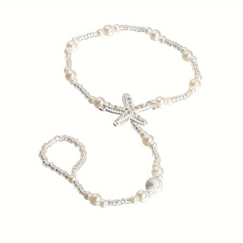 Handmade Starfish Pearl Elastic Anklet - Elegant Bridal Foot Jewelry белый