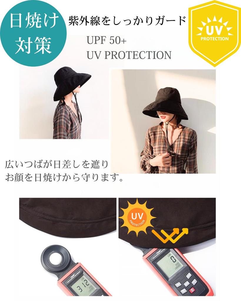 [UNIVERSTOCK] UV Hat, UV Protection, Women's Hat, Summer, Spring, Wide Brim, Foldable Chin Strap, Sun Protection (JP, Alphabet, Free Size, Black)