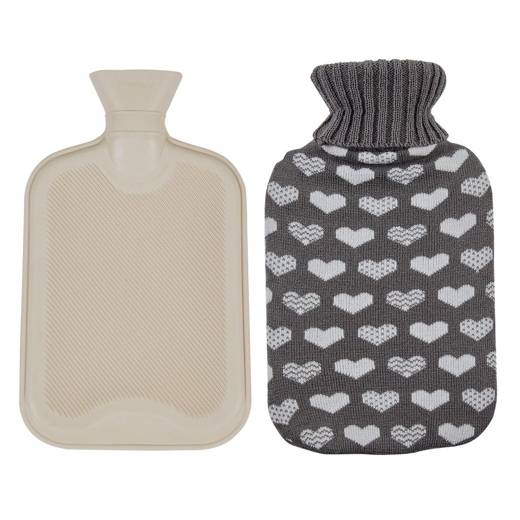 VECELO Hot Water Fillable with No Electricity Perfect for Cold Sleep Stomach Pain Ideal for Cute Gray Heart Design Bottle, Water, Required, Weather,