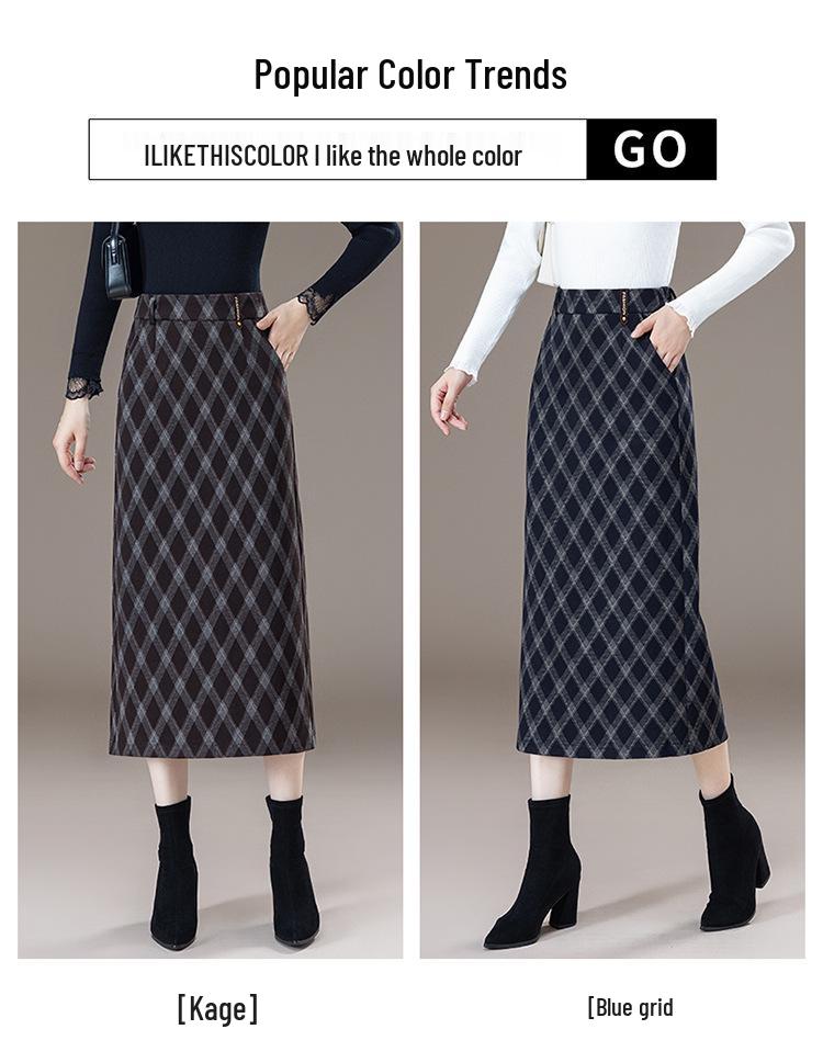 Women's Plaid Wool Hip-Hugging Half Skirt with Elastic Waist and Back Slit, 2025 Winter Collection