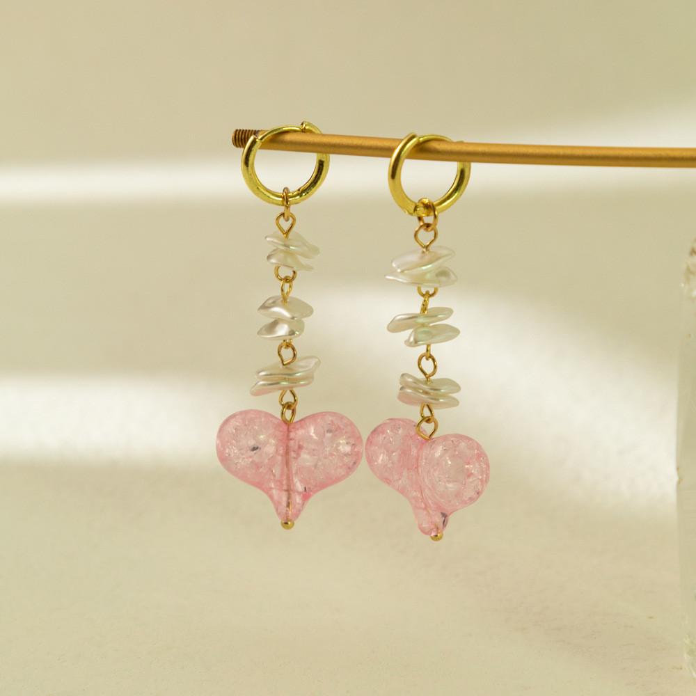 Heart Long Pink Shaped Earrings With Pearls Adorned For Stylish Women