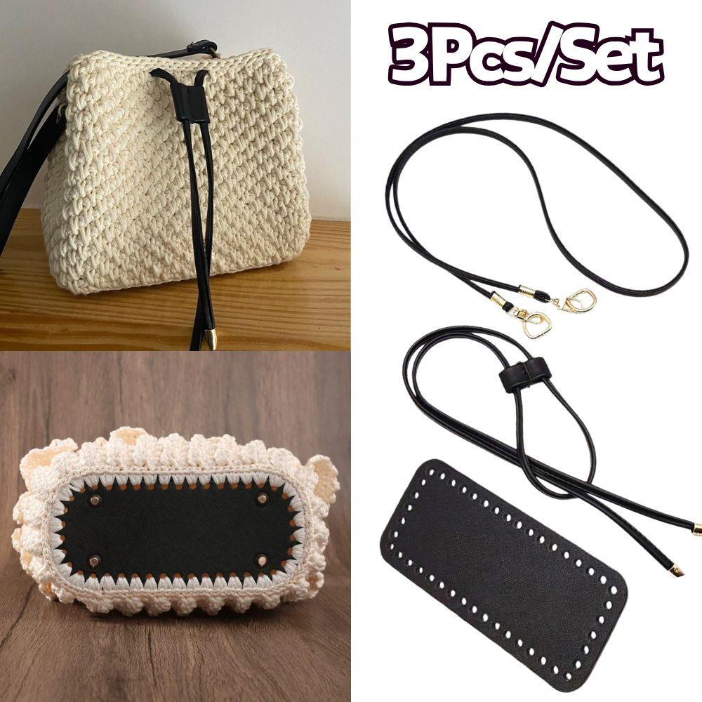 3Pcs DIY PU Leather Crochet Bag Accessories Handmade Drawstring Parts Woven Bag Set Solid Color Bag Bottom Base Bag Strap Handle