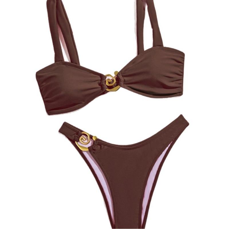 Black metal accessories bikini low waist sexy split tube top briefs women's two-piece swimsuit