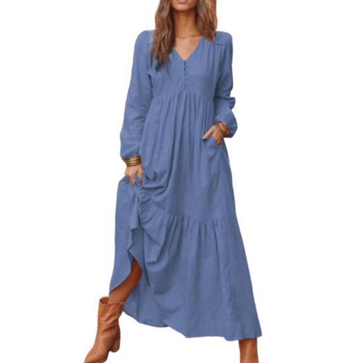 Women Long Sleeve Bohemian Cotton Linen Swing Dress Oversized V Neck Flowy Tiered Ruffle Pleated Long Dress