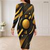 Women Plus Size Round Neck Long Sleeve Printed Green Black Bodycon Midi Dress