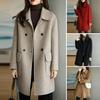 Warm Winter Woolen Coat Double Breasted Lapel Midlength Solid Color Women Overcoat Loose Fit Thickened Flap Pockets Autumn