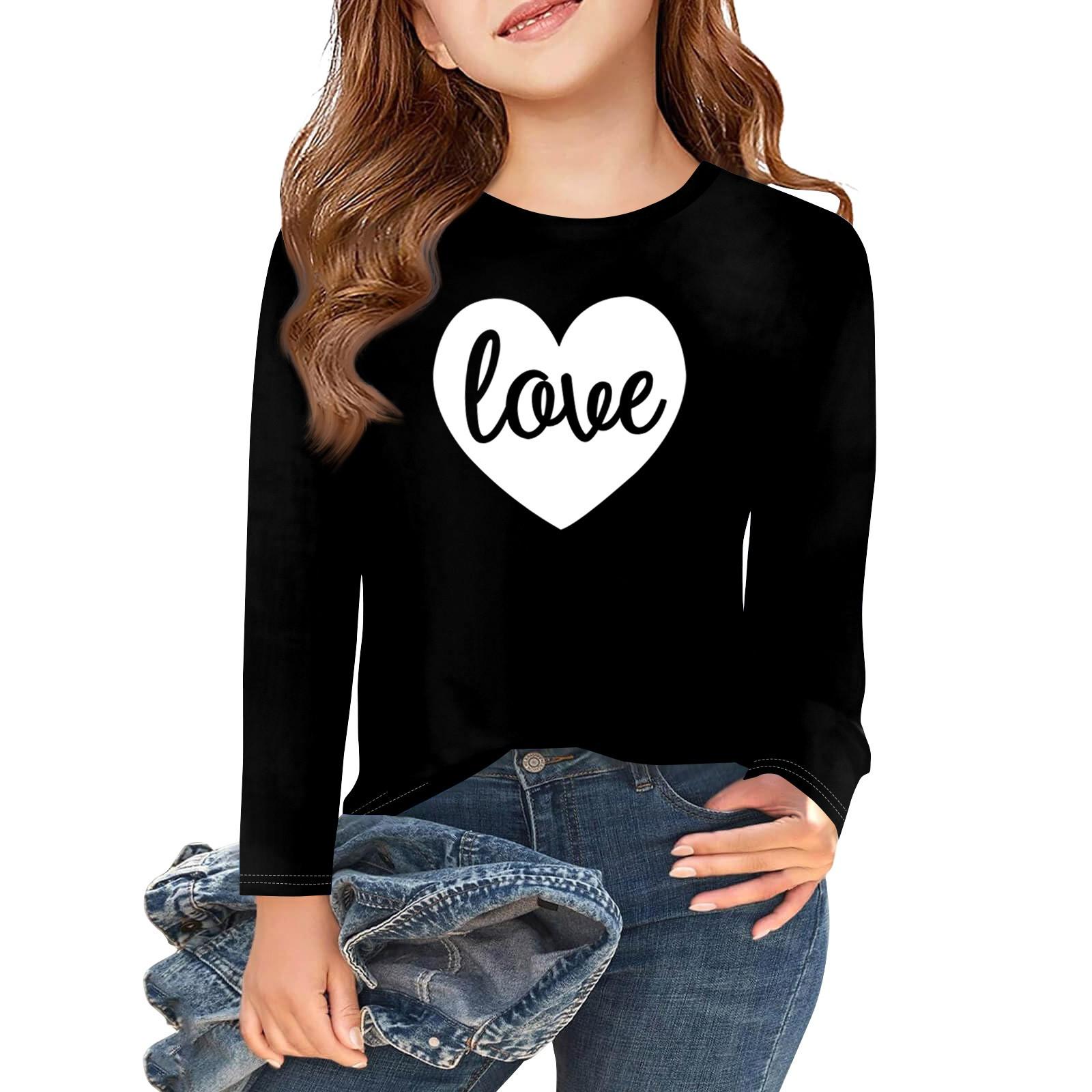 

Футболки с длинным рукавом для девочек Love ко Дню святого Валентина, детские осенние топы с круглым вырезом, базовые футболки для детей 5-14 лет 130 чёрный