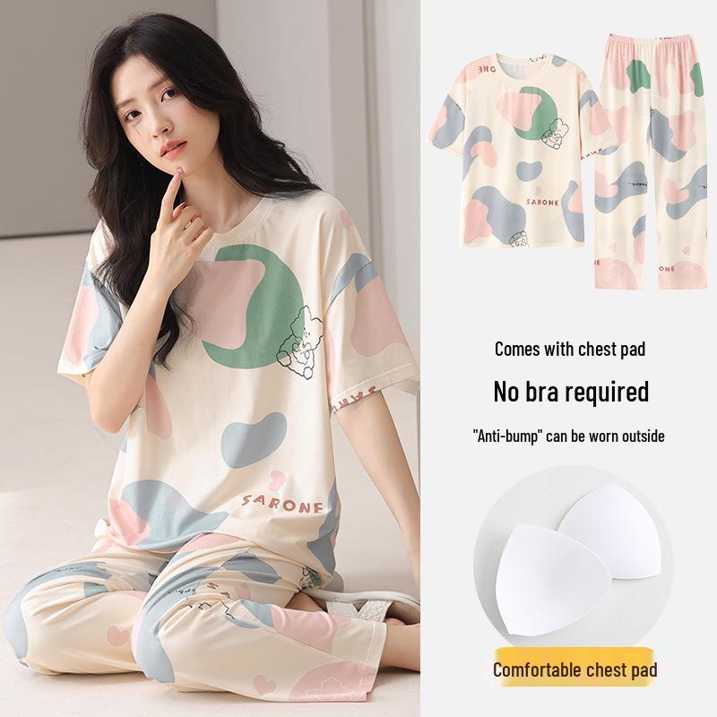 Women's Summer Modal Pajamas: Short Sleeve, Thin Style, with Chest Pads, Round Neck – Sweet Student Homewear