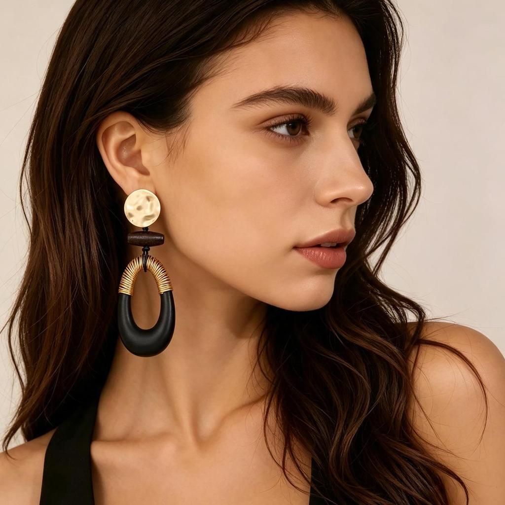 Bohemian Geometric Resin and Metal Oval Earrings with Rope Detail for Women