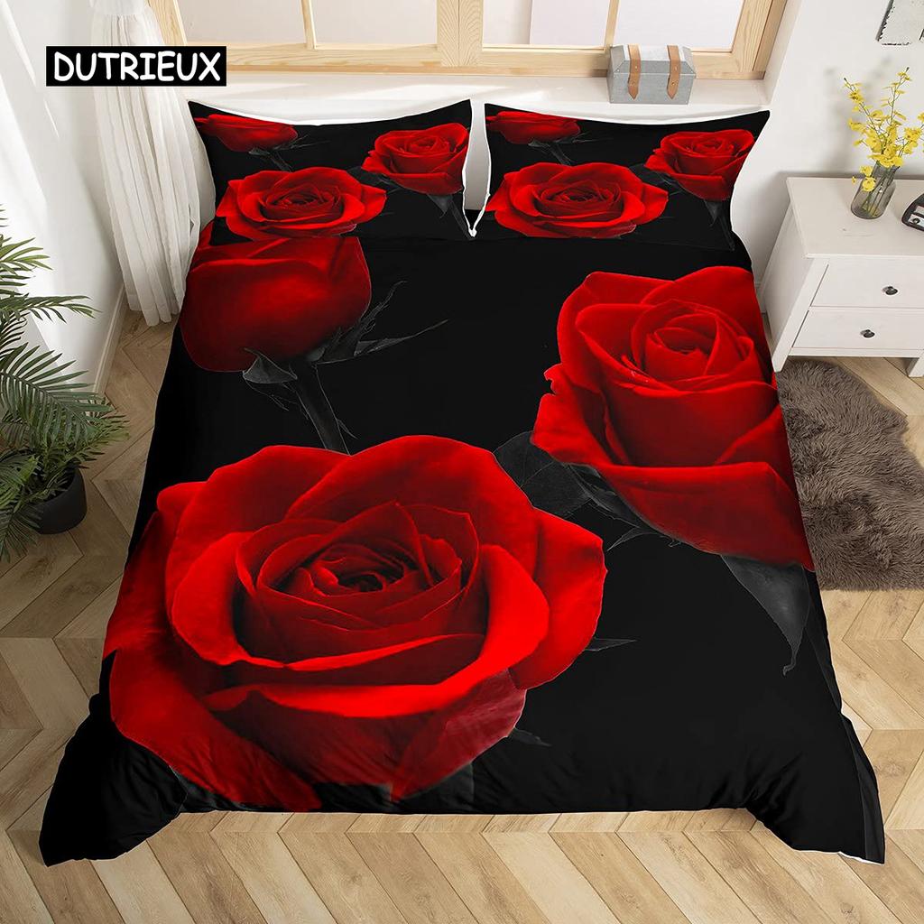 3D Rose Duvet Cover Set Queen Microfiber Red and White Floral Bedding Set Romantic Flowers Comforter Cover Valentine's Day Gift