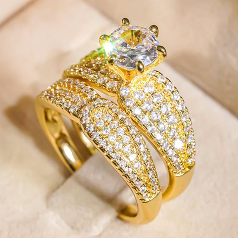 Huitan Gold Color Luxury 2Pcs/Set Rings With Shing Cubic Zirconia For Women Wedding Party Engagement Fancy Accessories Zircon