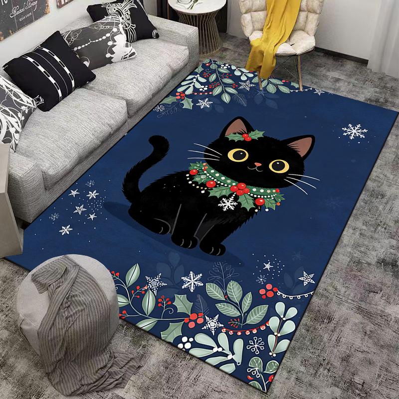 Black Cat Christmas Themed Carpet with Snowflakes and Holly Design Suitable for use as an anti-slip for living room bedroom sofas