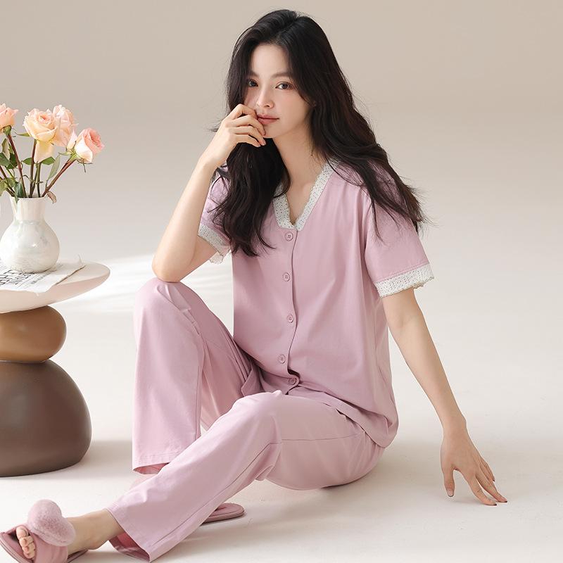Cardigan pajamas women's summer pure cotton short-sleeved trousers can be worn outside summer women's elegant temperament loungewear suit