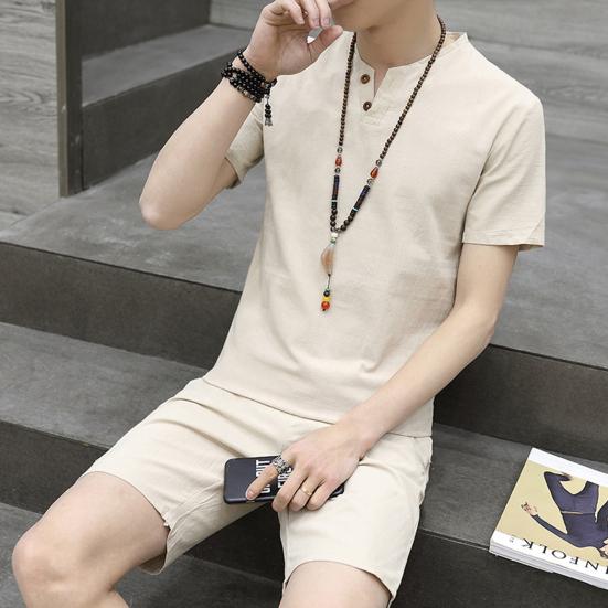 2Pcs/Set Men's Casual Cotton Linen Summer Suit Short Sleeve Button-Down Stylish Men's Suit Streetwear