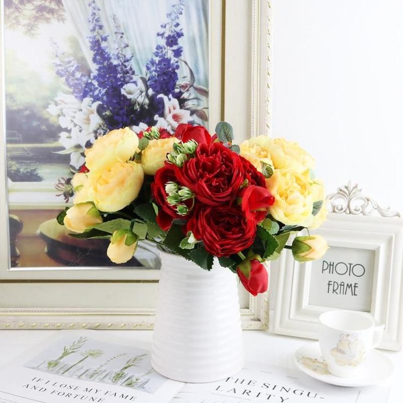 30cm Rose Pink Silk Bouquet Peony Artificial Flowers 5 Big Heads 4 Small Bud Bride Wedding Home Decoration Fake Flowers Faux