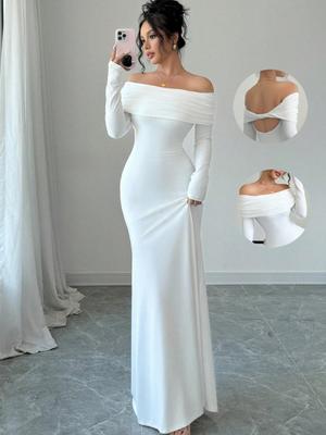 Elegante Vestido de Noite Feminino com Decote Ombro a Ombro e Costas Nuas
