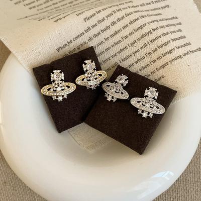 Orecchini a bottone pianeta tridimensionale in zirconio pieno di alta qualità da donna, eleganti e di lusso, alla moda, per pendolari, versatili