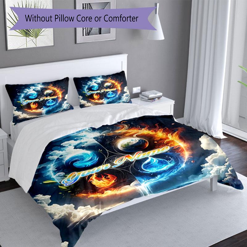 3PC Custom Name Flame Water Harmony Bedding Set Duvet Cover Closure Includes 1 Duvet Cover & 2 Pillowcases for Bedroom