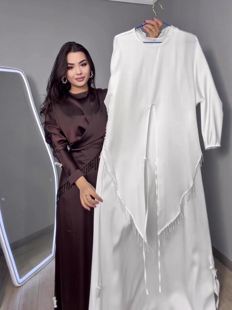 2025 Autumn Women's Satin Two-Piece Dress with Beading, Round Neck & Waist-Cinching Long Sleeves