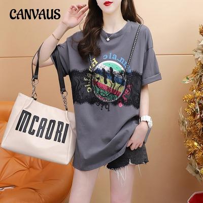 Camiseta de manga corta con cuello redondo y puntilla de encaje para mujer, top holgado para adelgazar de verano para mujer