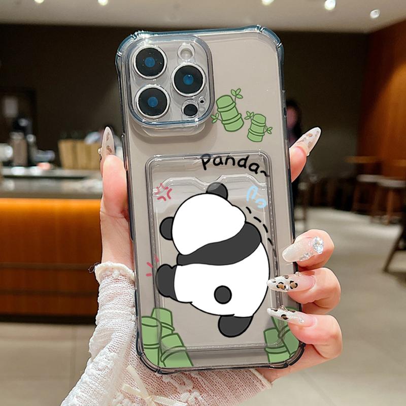 Card Slot Pocket Clear TPU Case For iPhone 17 16 Pro 17e 16e 15 14 13 12 Pro Max 11 Cartoon Panda Soft Silicone Phone Back Cover