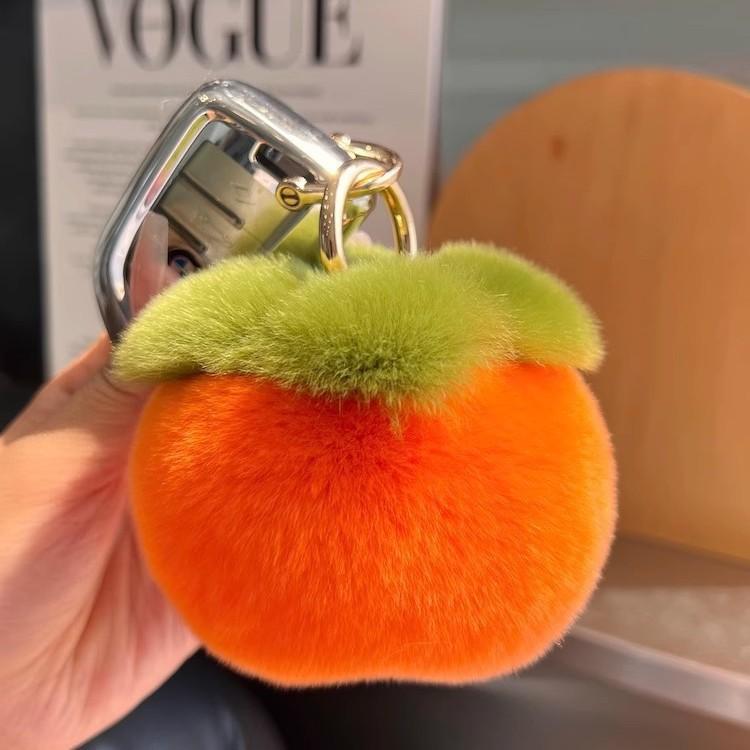 Fluffy Persimmon Keychain - Cute Plush Hangings On Bag Car Trinket For Women, Pompom Keyring Decorative Accessories Gift