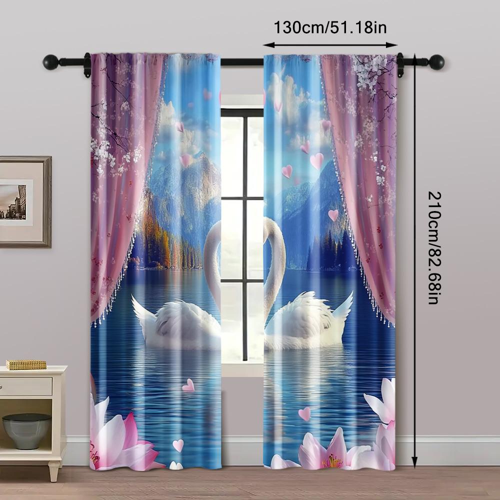 2pc,  Curtain Valentine's Day_ Swan Lake of Love Protecting Privacy Festive Wall Decor for Indoor Celebrations Decor