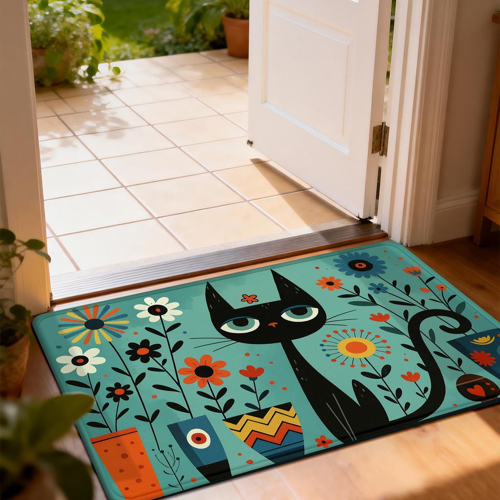 1Pcs Anti Fatigue Kitchen Rugs Black Cat Colorful Bowl Print Waterproof Non Slip Thick Cushioned Kitchen Mat Heavy Duty Comfort